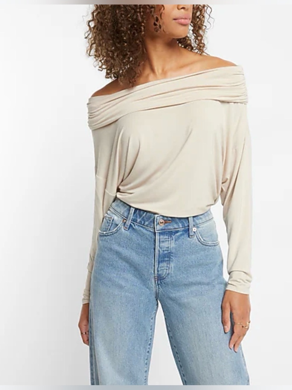 🛍️NWT Express XL Beige Off The Shoulder Dolman Sleeve Ruched Overlay Top